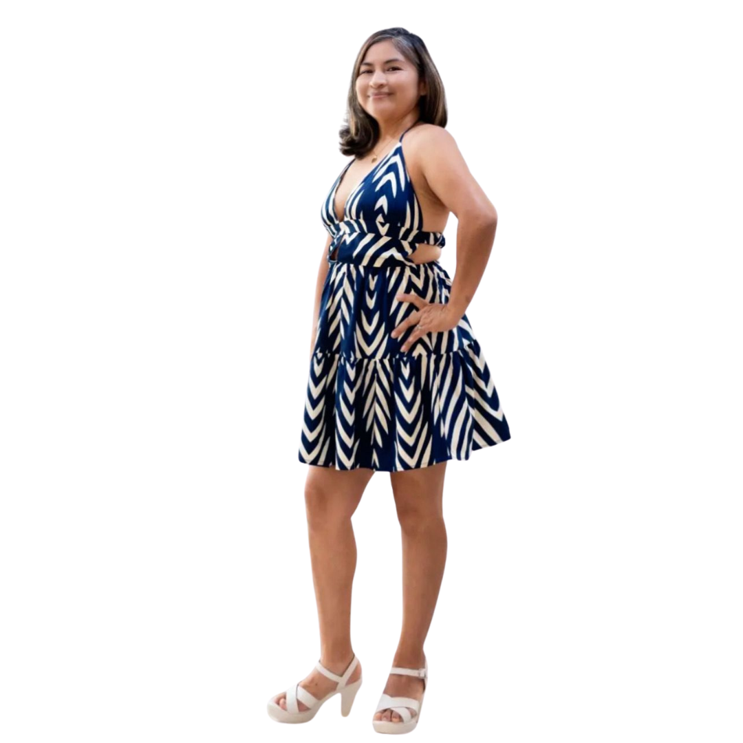 Vestido Halter Estampado Azul con Falda Volante