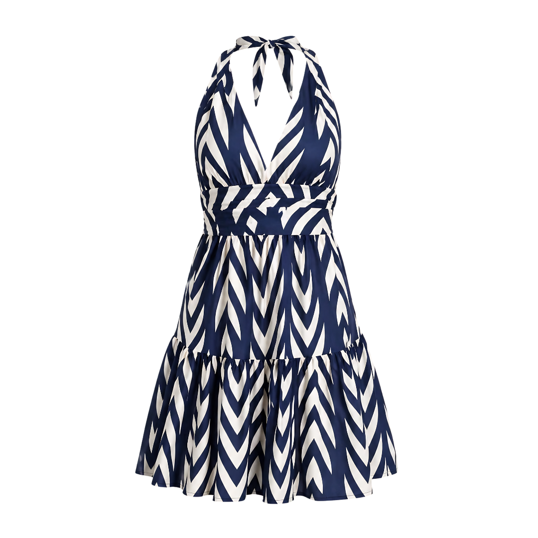 Vestido Halter Estampado Azul con Falda Volante