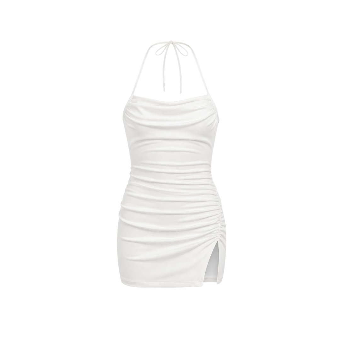 Vestido corto blanco halter con fruncido lateral
